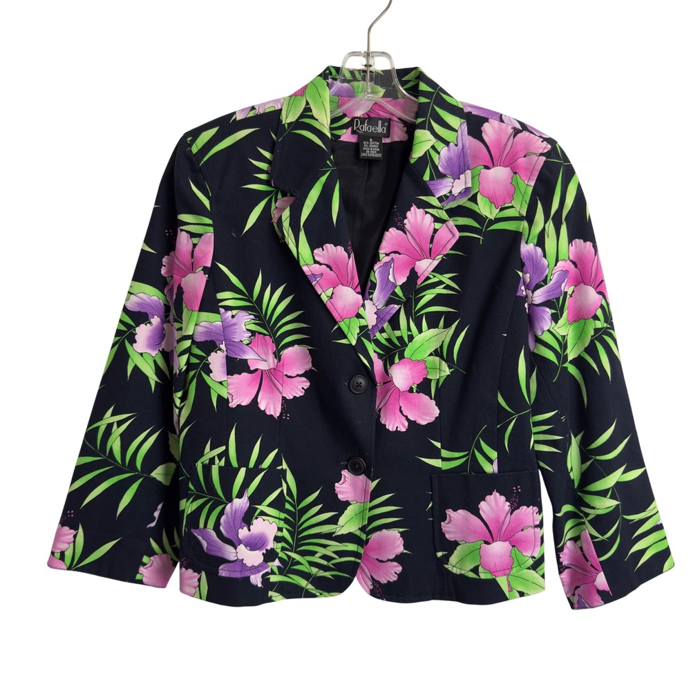 Rafaella Womens Tropical Hibiscus Floral Blazer Black Pink Purple Size 8